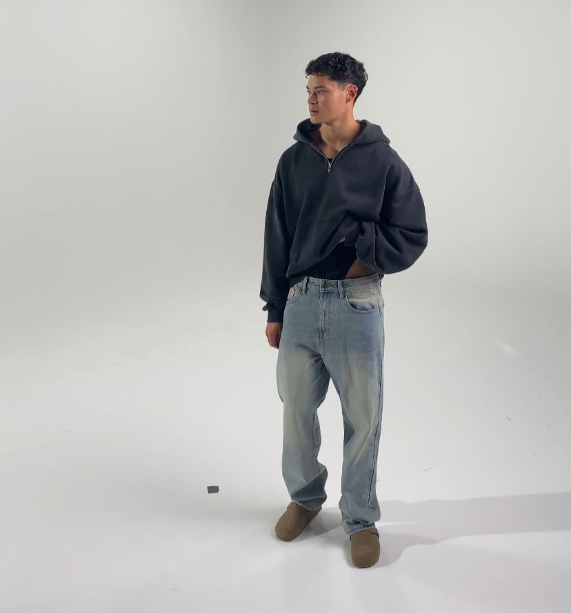 Vintage Washed Quarter Zip Hoodie - Charcoal