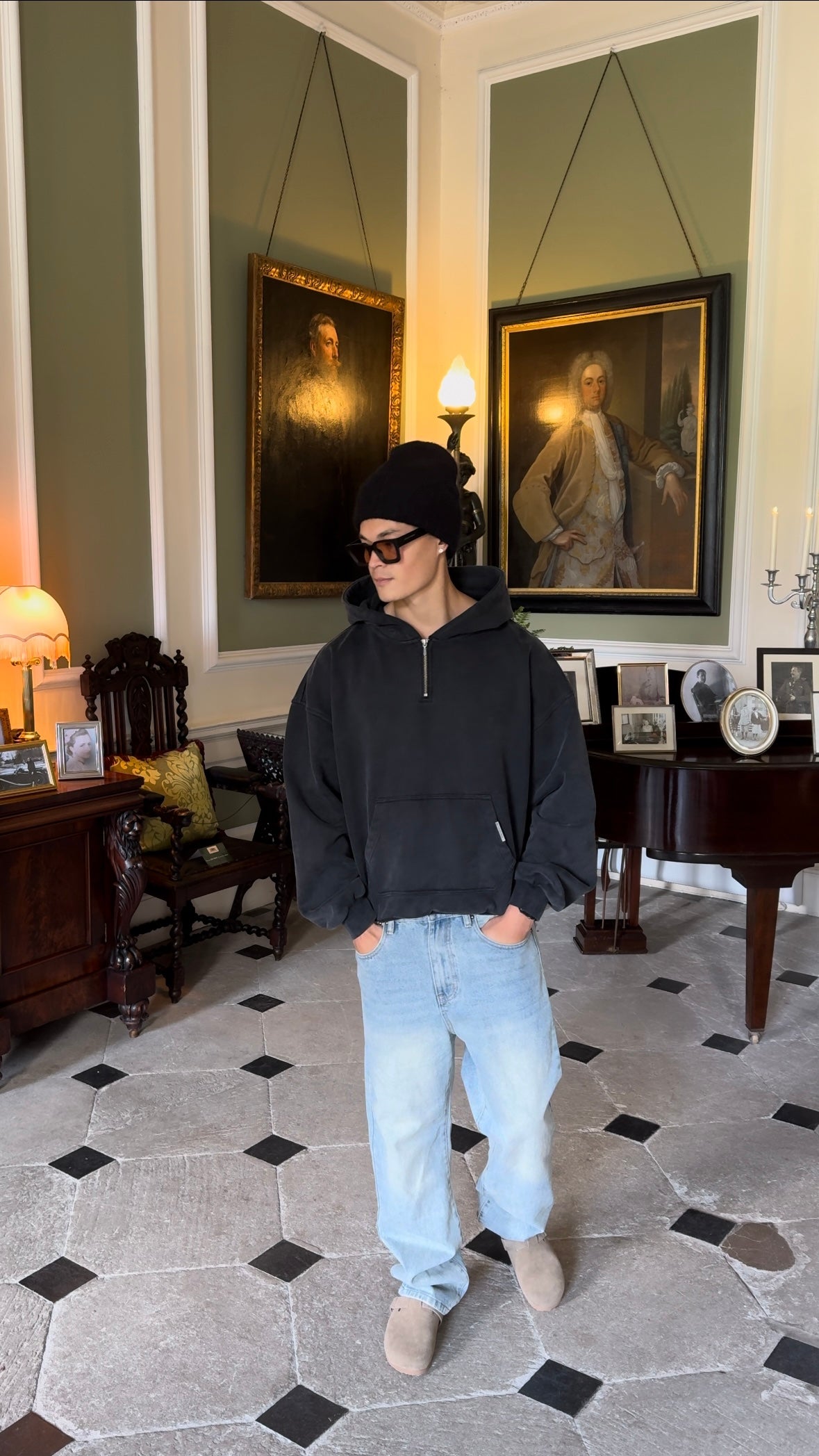 Vintage Washed Quarter Zip Hoodie - Charcoal